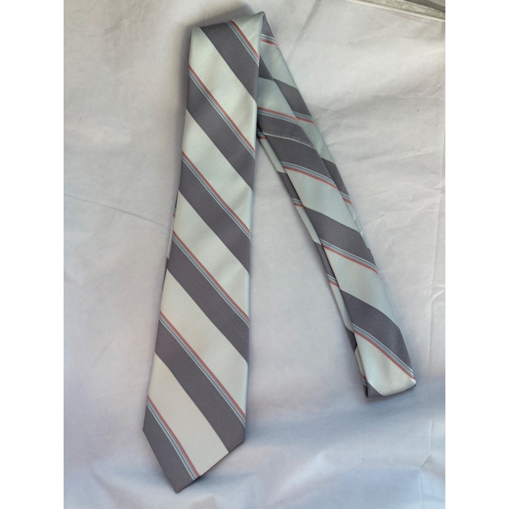 Lilly Dache Mens Striped Necktie Grey Blue White Silk Blend Made in USA RN22356